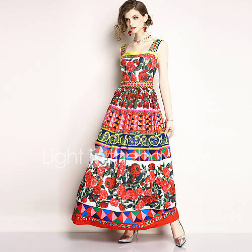 Dames Uitgaan Strand Boho Street Chic Wijd Uitlopend Jurk Bloemen Print Bandje Maxi huismerk kopen in de aanbieding