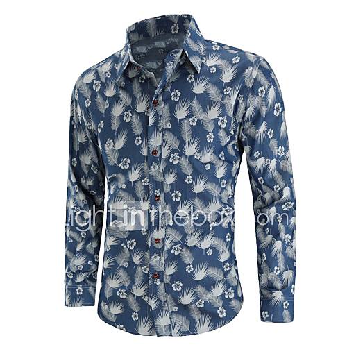 Heren Standaard Print Overhemd Katoen Kleurenblok Slank Blauw Xxl Lange Mouw huismerk kopen in de aanbieding