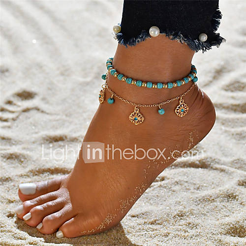 Dames Turkoois Enkelring Bloem Vintage Bohemien Boho Sieraden Voor Feestdagen Uitgaan huismerk kopen in de aanbieding