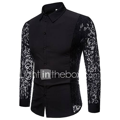 Heren Luxe Standaard Kant Cut Out Patchwork Overhemd Club Effen Wit L Lange Mouw huismerk kopen in de aanbieding