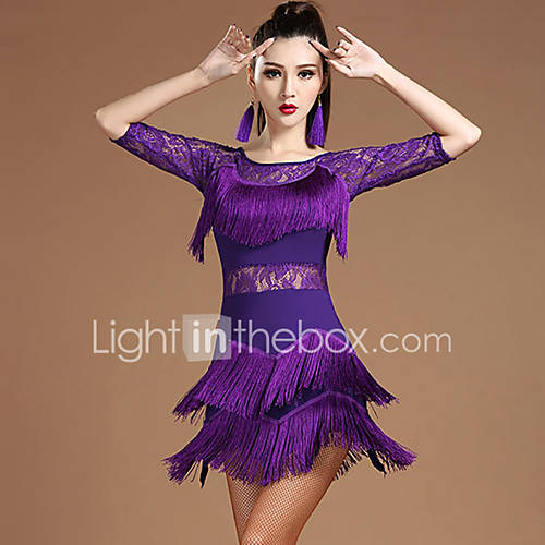 Latin Dans Jurken Dames Prestatie Modaal Kant Kwastje Halve Mouw Natuurlijk Kleding huismerk kopen in de aanbieding