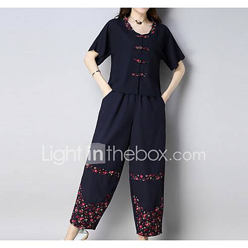 Dames Boho Grote Maten Pofmouw Set Pantalon Geplooid Effen Katoen huismerk kopen in de aanbieding