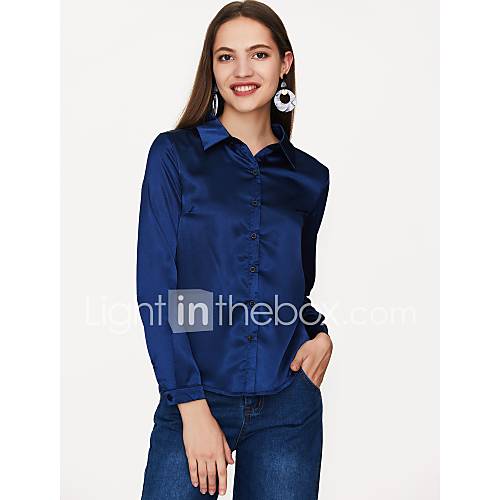 Dames Standaard Overhemd Effen Overhemdkraag Blauw Xl Satijn huismerk kopen in de aanbieding