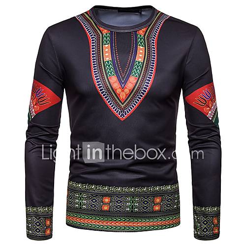 Heren Vintage Boho Print T Shirt Katoen Tribal Zwart L Lange Mouw huismerk kopen in de aanbieding