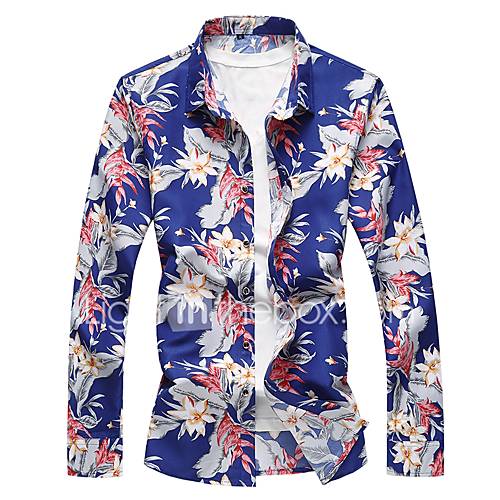 Heren Standaard Print Grote Maten Overhemd Katoen Bloemen Blauw Xxxxl Lange Mouw huismerk kopen in de aanbieding