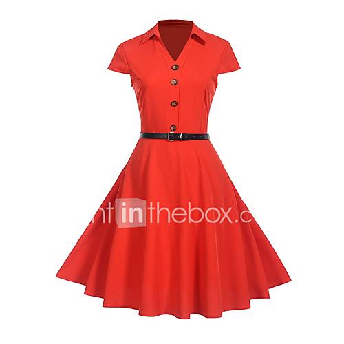 Dames Feest Vintage Slank Wijd Uitlopend Jurk Effen Overhemdkraag Tot De Knie huismerk kopen in de aanbieding