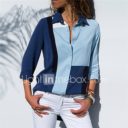 Dames Overhemd Effen V Hals Slank Blauw Xl huismerk kopen in de aanbieding