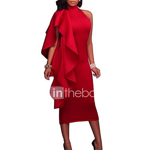 Dames Feest Uitgaan Sexy Slank Bodycon Jurk Effen Strakke Ronde Hals Tot De Knie Rood huismerk kopen in de aanbieding