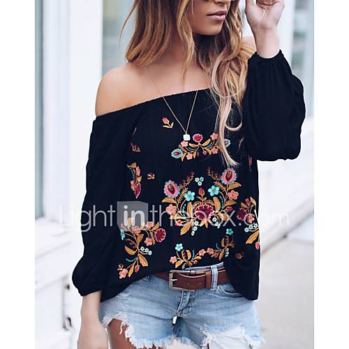 Dames Blouse Overhemd Bloemen Boothals Zwart huismerk kopen in de aanbieding