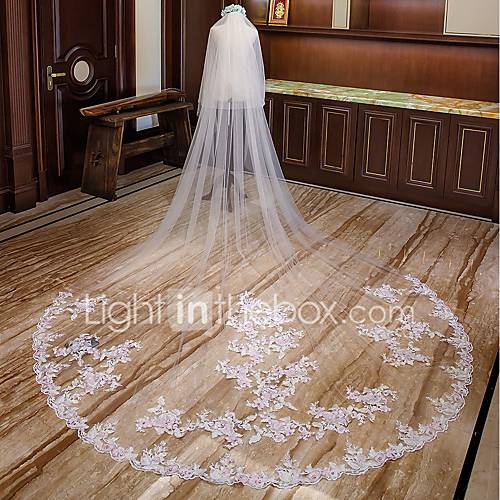 Tweelaags Bloemen Bruidssluiers Kathedraalsluiers Met Appliques Kant Tule huismerk kopen in de aanbieding