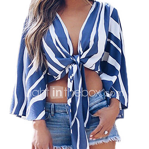 Dames Standaard Blouse Uitgaan Gestreept Diepe V Hals Ruimvallend Blauw huismerk kopen in de aanbieding Dames Standaard Blouse Uitgaan Gestreept Diepe V Hals Ruimvallend Blauw huismerk kopen in de aanbieding