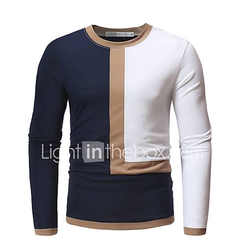 Heren Standaard T Shirt Katoen Gestreept Ronde Hals Wit Xl Lange Mouw huismerk kopen in de aanbieding