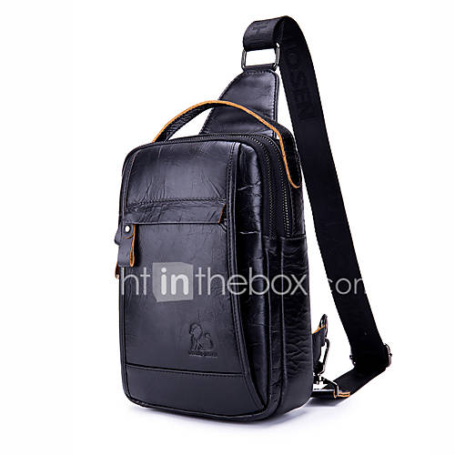 Laoshizi Herentassen Lederen Sling Schoudertas Rits Effen Kleur Zwart Bruin huismerk kopen in de aanbieding