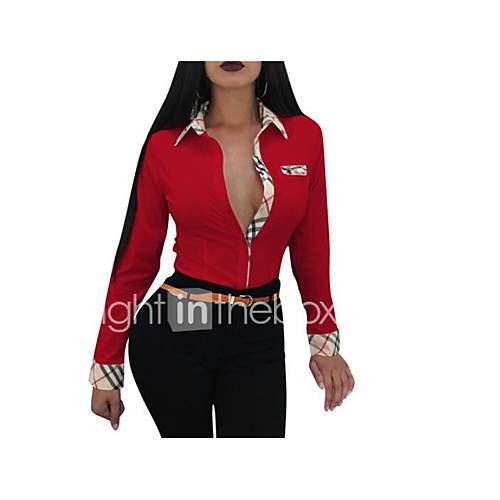 Dames Overhemd Uitgaan Werk Kleurenblok Overhemdkraag Slank Blauw huismerk kopen in de aanbieding