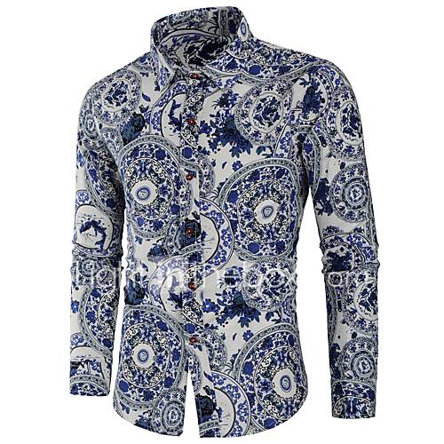 Heren Standaard Print Overhemd Katoen Bloemen Kleurenblok Slank Wit Xl Lange Mouw huismerk kopen in de aanbieding