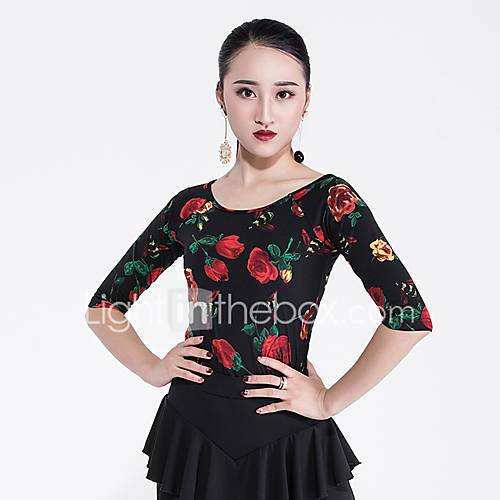 Latin Dans Tops Dames Prestatie Linnen Patroon Print Halve Mouw Top huismerk kopen in de aanbieding