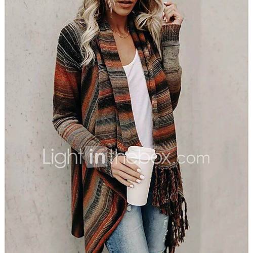 Dames Dagelijks Street Chic Kwastje Streep Gestreept Lange Mouw Normaal Vest Herfst Winter Oranje Grijs Lichtgrijs M L Xl huismerk kopen in de aanbieding