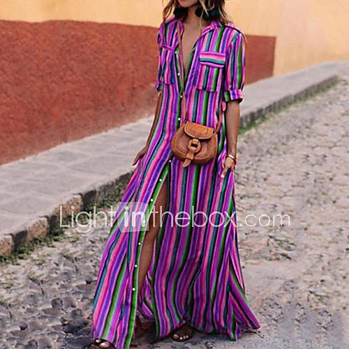 Dames Standaard Katoen Schede Jurk Gestreept Overhemdkraag Maxi huismerk kopen in de aanbieding