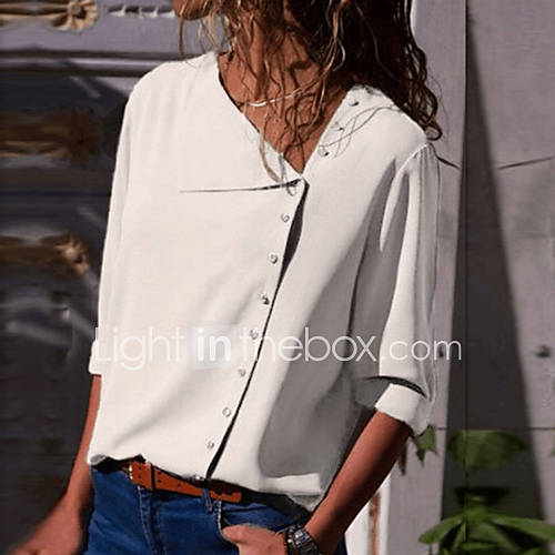 Dames Standaard Overhemd Effen Overhemdkraag Slank Marineblauw huismerk kopen in de aanbieding