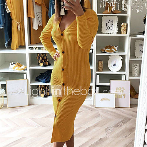 Dames Uitgaan Standaard Street Chic Breigoed Jurk Effen Split V Hals Midi huismerk kopen in de aanbieding