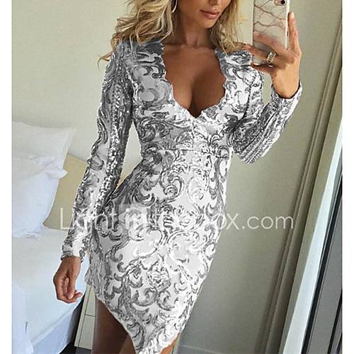 Dames Club Sexy Slank Bodycon Jurk Effen Pailletten Diepe V Hals Boven De Knie huismerk kopen in de aanbieding