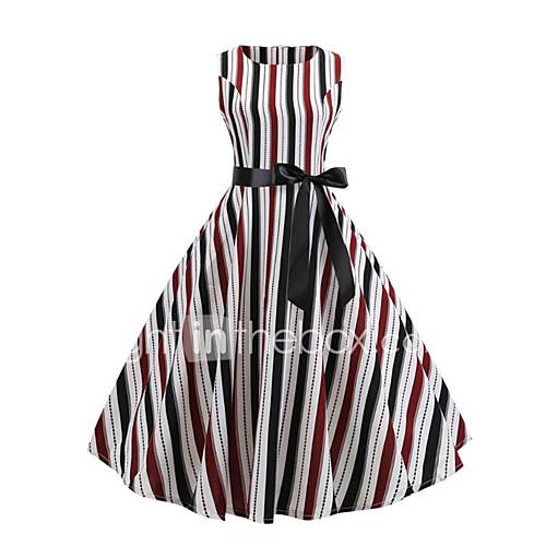 Dames Vintage Wijd Uitlopend Jurk Gestreept Ruche Tot De Knie huismerk kopen in de aanbieding