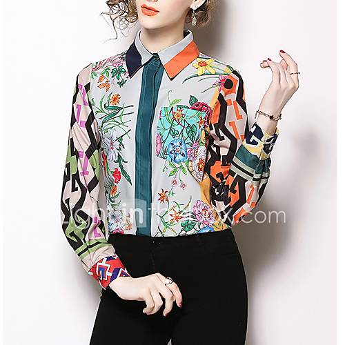 Dames Standaard Overhemd Katoen Bloemen Overhemdkraag Klaver huismerk kopen in de aanbieding