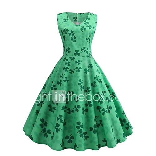 Dames Street Chic Wijd Uitlopend Jurk Bloemen Print V Hals Tot De Knie huismerk kopen in de aanbieding