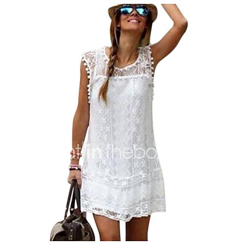 Dames Katoen Recht Jurk Effen Kant Mini Wit huismerk kopen in de aanbieding