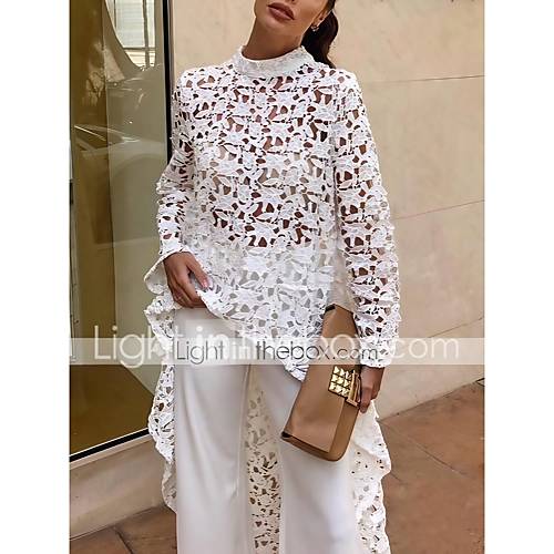 Dames Standaard Kant Blouse Effen Slank Wit M Zomer Herfst huismerk kopen in de aanbieding