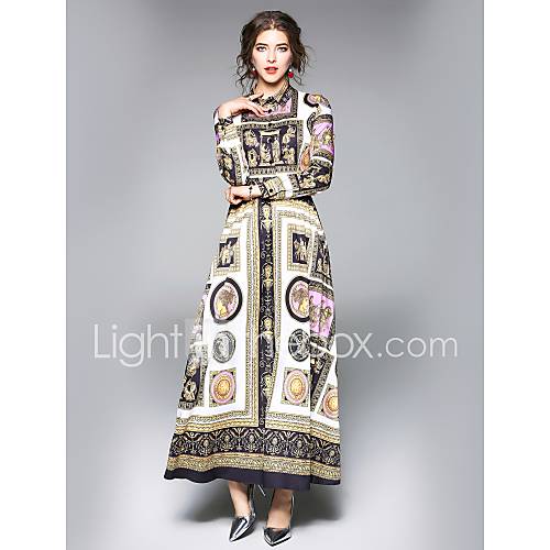 Dames Uitgaan Werk Street Chic A Lijn Jurk Bloemen Overhemdkraag Maxi Midi huismerk kopen in de aanbieding