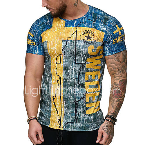 Heren Standaard Street Chic Print Grote Maten T Shirt Katoen Kleurenblok 3D Ronde Hals Slank Blauw Xxl Korte Mouw huismerk kopen in de aanbieding