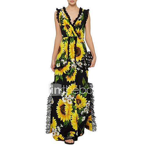 Dames Elegant Schede Jurk Bloemen Kant Print V Hals Maxi Sexy huismerk kopen in de aanbieding