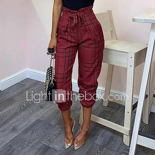 Dames Standaard Street Chic Slank Chinos Zwaar Katoen Joggingbroeken Broek Ruitjes Rood Uitgaan Sexy huismerk kopen in de aanbieding
