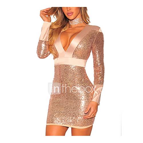 Dames Elegant Slank Schede Jurk Pailletten V Hals Boven De Knie Sexy huismerk kopen in de aanbieding