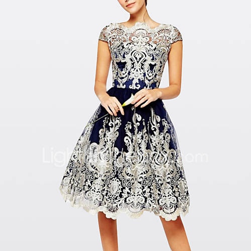 Dames Grote Maten Schede Jurk Geometrisch Kant Boven De Knie Blauw huismerk kopen in de aanbieding