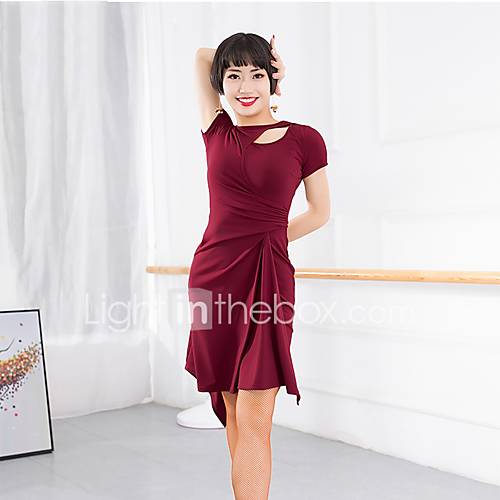 Latin Dans Jurken Dames Prestatie Kristal Katoen Ruches Korte Mouw Kleding huismerk kopen in de aanbieding