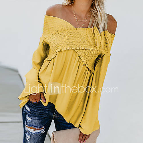 Dames Standaard Geplooid T Shirt Effen Schouderafhangend Grijs huismerk kopen in de aanbieding