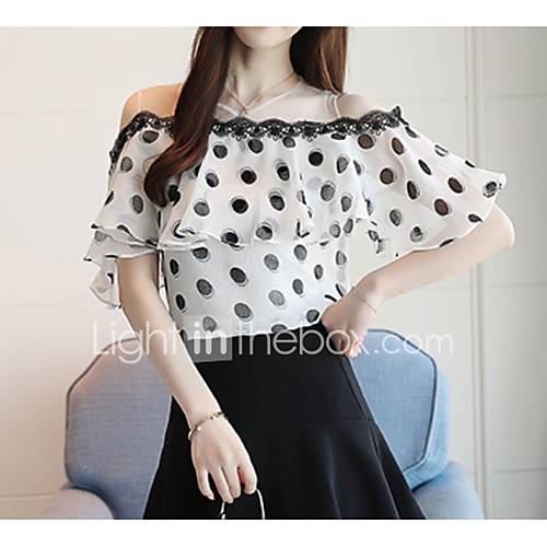Dames Standaard Ruche Blouse Effen Polka Dot Schouderafhangend Zwart huismerk kopen in de aanbieding