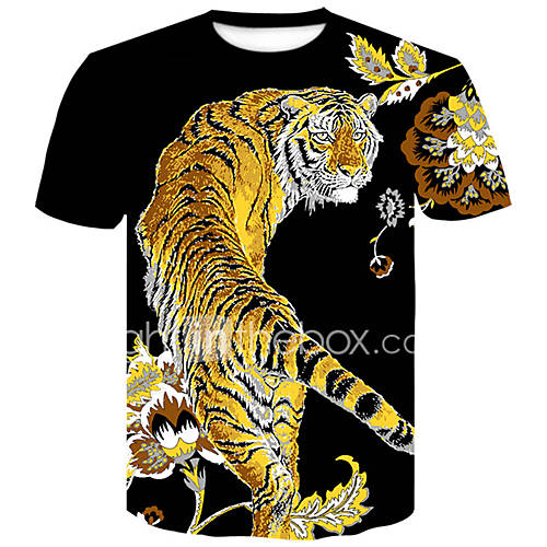 Heren Standaard Street Chic Print T Shirt Club Kleurenblok Dier Ronde Hals Tijger Zwart Xxl Korte Mouw Zomer huismerk kopen in de aanbieding