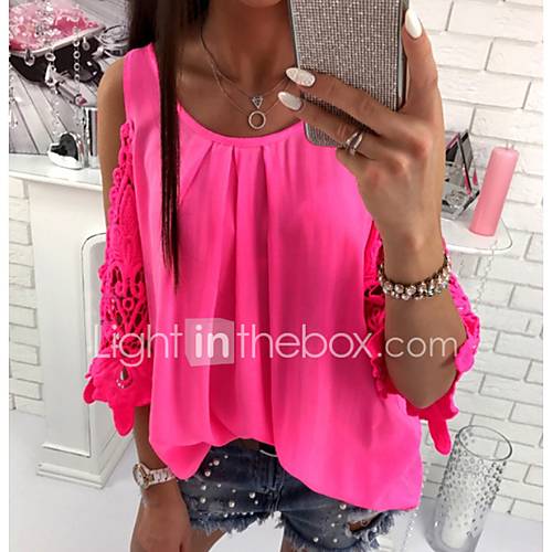 Dames Kant Ruche Blouse Kleurenblok Rood M Lente Zomer Herfst huismerk kopen in de aanbieding