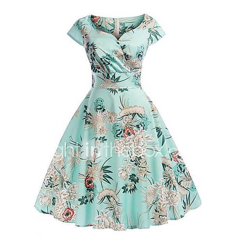 Dames Slank Wijd Uitlopend Jurk Geometrisch Bloemen Print V Hals Midi huismerk kopen in de aanbieding