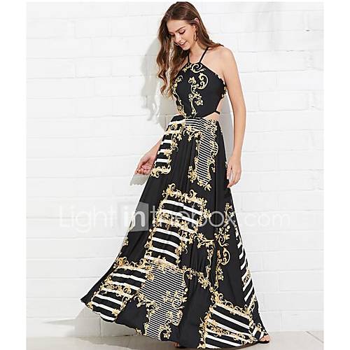 Dames Slank Wijd Uitlopend Jurk Geometrisch Blote Rug Print Halter Maxi huismerk kopen in de aanbieding Dames Slank Wijd Uitlopend Jurk Geometrisch Blote Rug Print Halter Maxi huismerk kopen in de aanbieding