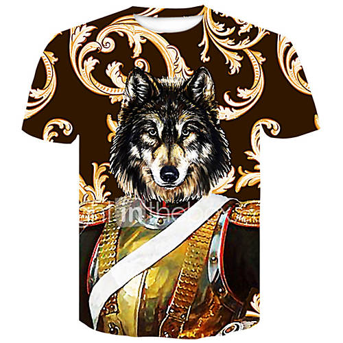 Heren Standaard Street Chic Print T Shirt Club Kleurenblok Dier Ronde Hals Wolf Bruin Xxl Korte Mouw Zomer huismerk kopen in de aanbieding