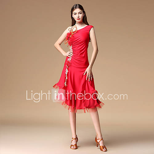 Latin Dans Jurken Dames Prestatie Chinlon Ruches Mouwloos Kleding huismerk kopen in de aanbieding