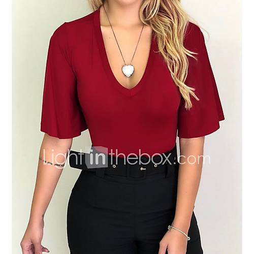 Dames T Shirt Effen V Hals Slank Zwart huismerk kopen in de aanbieding