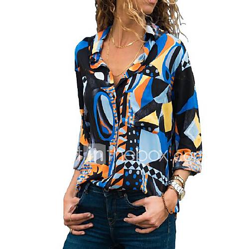 Dames Blouse Geometrisch Overhemdkraag Slank Blauw huismerk kopen in de aanbieding