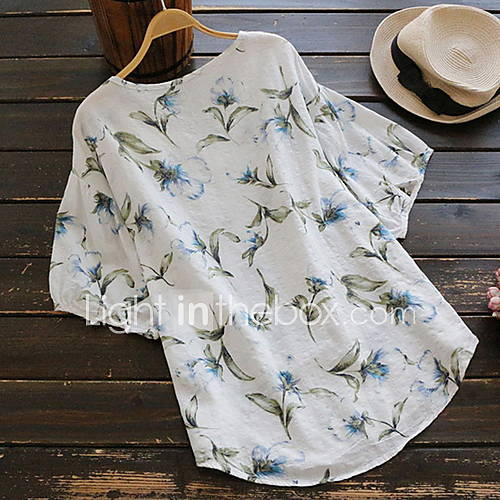 Dames Print Grote Maten T Shirt Bloemen V Hals Blauw Xxxl huismerk kopen in de aanbieding