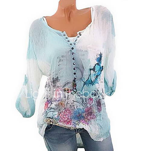 Dames Bloemen Nappi Print Blouse Geometrisch Blauw Xxxl Lente Zomer Herfst Winter huismerk kopen in de aanbieding