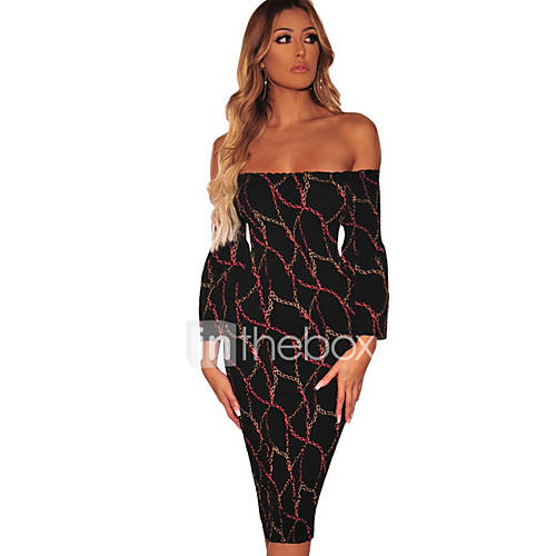 Dames Club Standaard Schede Jurk Geometrisch Strapless Tot De Knie Hoge Taille Sexy huismerk kopen in de aanbieding